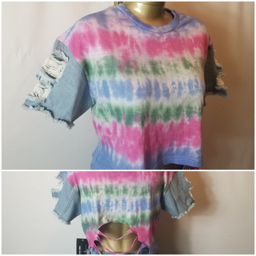 THRILL 94 PINK, BLUE & GREEN TIE DYED DISTRESSED CROP TOP WITH DENIM SLEEVES